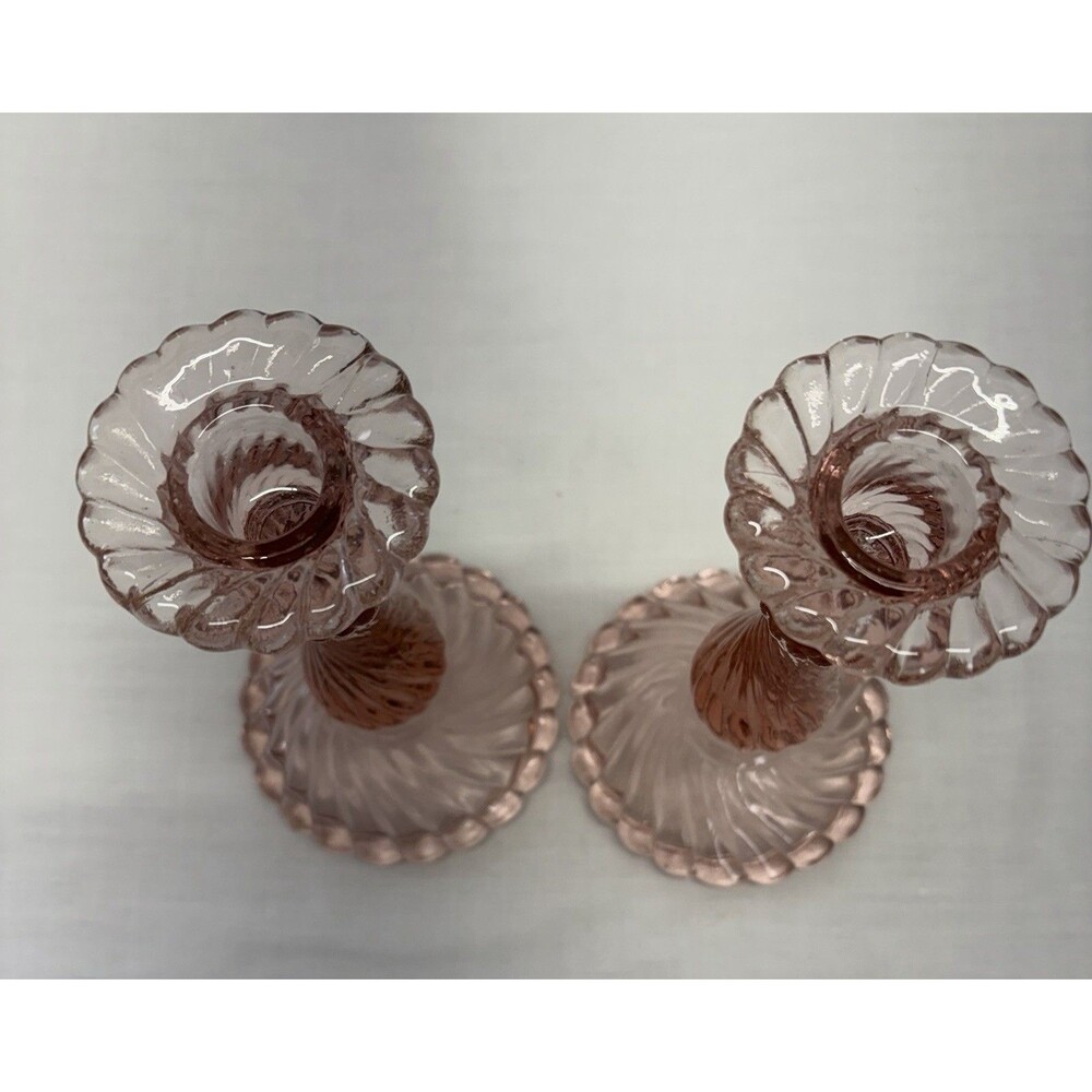 VINTAGE SET 2 - Fostoria PINK Colony Glass Swirl ~ CANDLESTICK HOLDERS - - Picture 3 of 5
